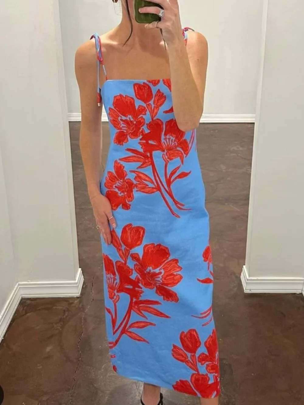 MUST HAVE Cara Cara Chelsea Linen Midi Dress 2/6 Flora Shadow Sky Tie Shoulder - Picture 1 of 12